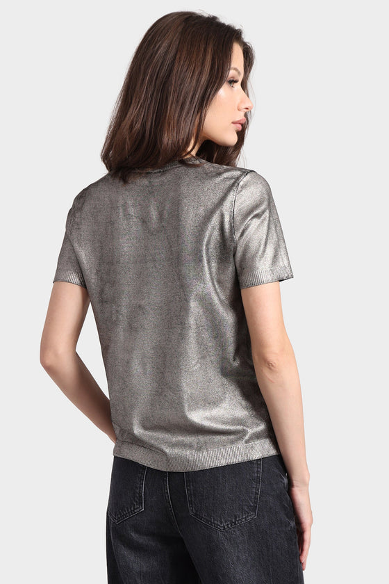 metallic print short sleeve crew