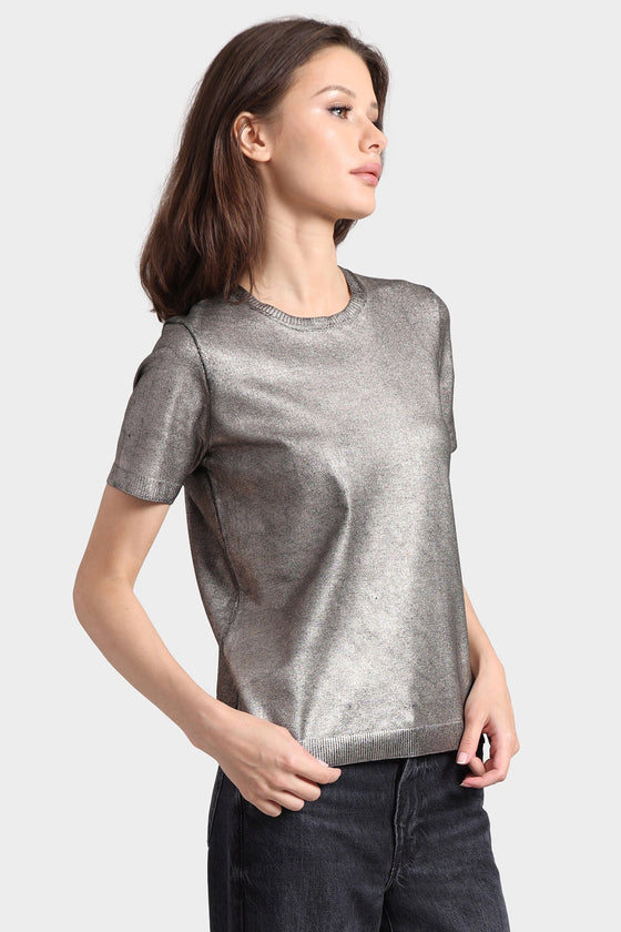 metallic print short sleeve crew