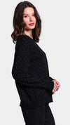 cotton cashmere relaxed frayed edge crew with stud in black