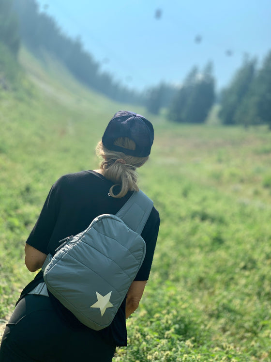 puffer crossbody backpack in cool gray with star