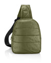 crossbody backpack in shimmer olive green