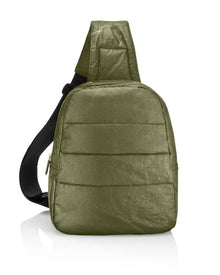  crossbody backpack in shimmer olive green