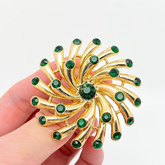 green rhinestone open flower brooch