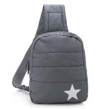  puffer crossbody backpack in cool gray with star