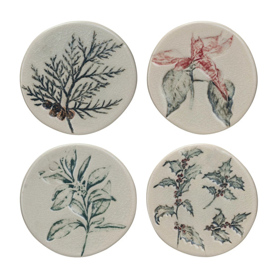 debossed stoneware holiday coasters